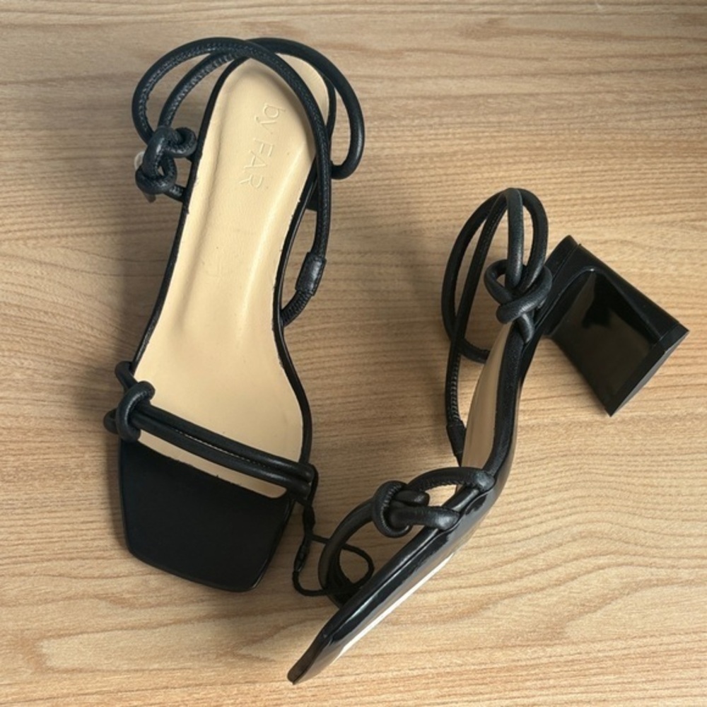 By Far Charlie Black Leather Knot Sandals Size 36 Square Toe 2.5” Heel